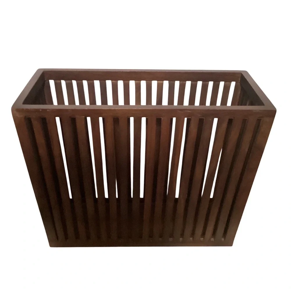 Mid Century Modern Slatted Wood Magazine Holder Floor Rack Dark Brown Heavy
